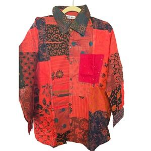 White Waves Patchwork Long Sleeve Button Up Shirt Red Print Boho Size L